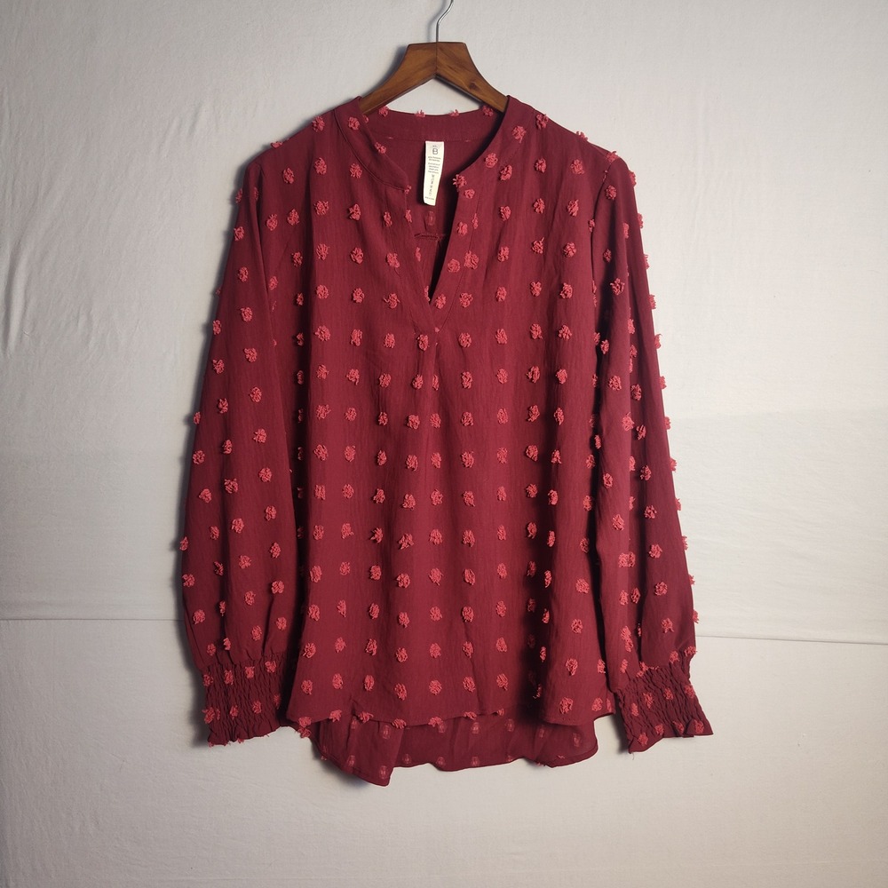 B Brand‎ Womens XL Burgundy Swiss Dot Long Sleeve Smocked Cuff V-Neck Blouse Top